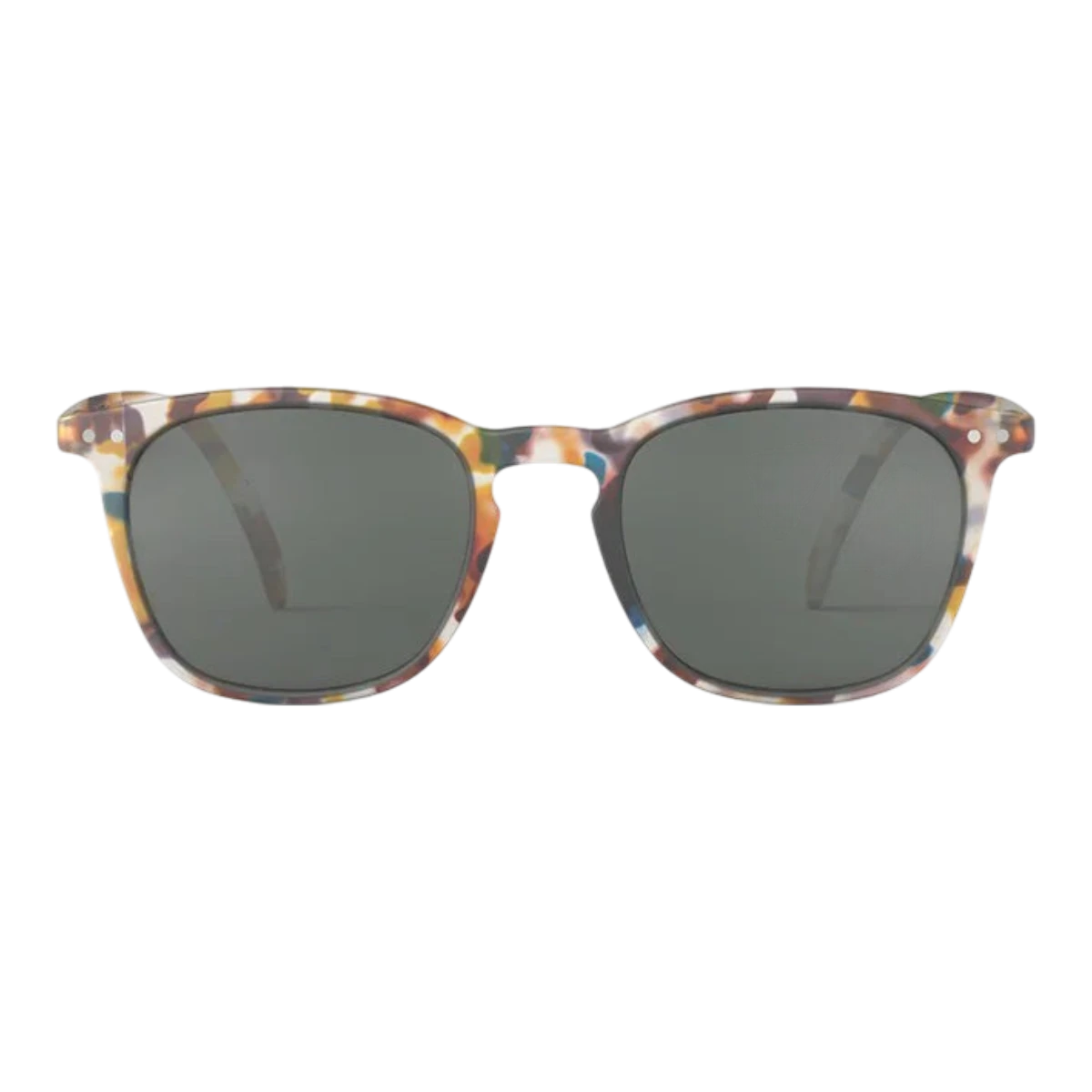MILWORKS #E sunglasses featuring a trapeze-shaped blue tortoise frame with a soft-touch finish and grey sun lenses.