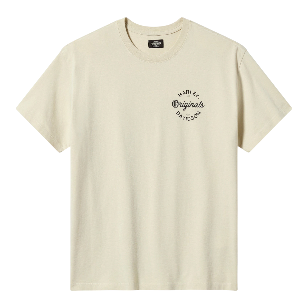 MILWORKS Originals Script Knit Tee in bone featuring a chest patch pocket and Harley-Davidson scripted graphic.
