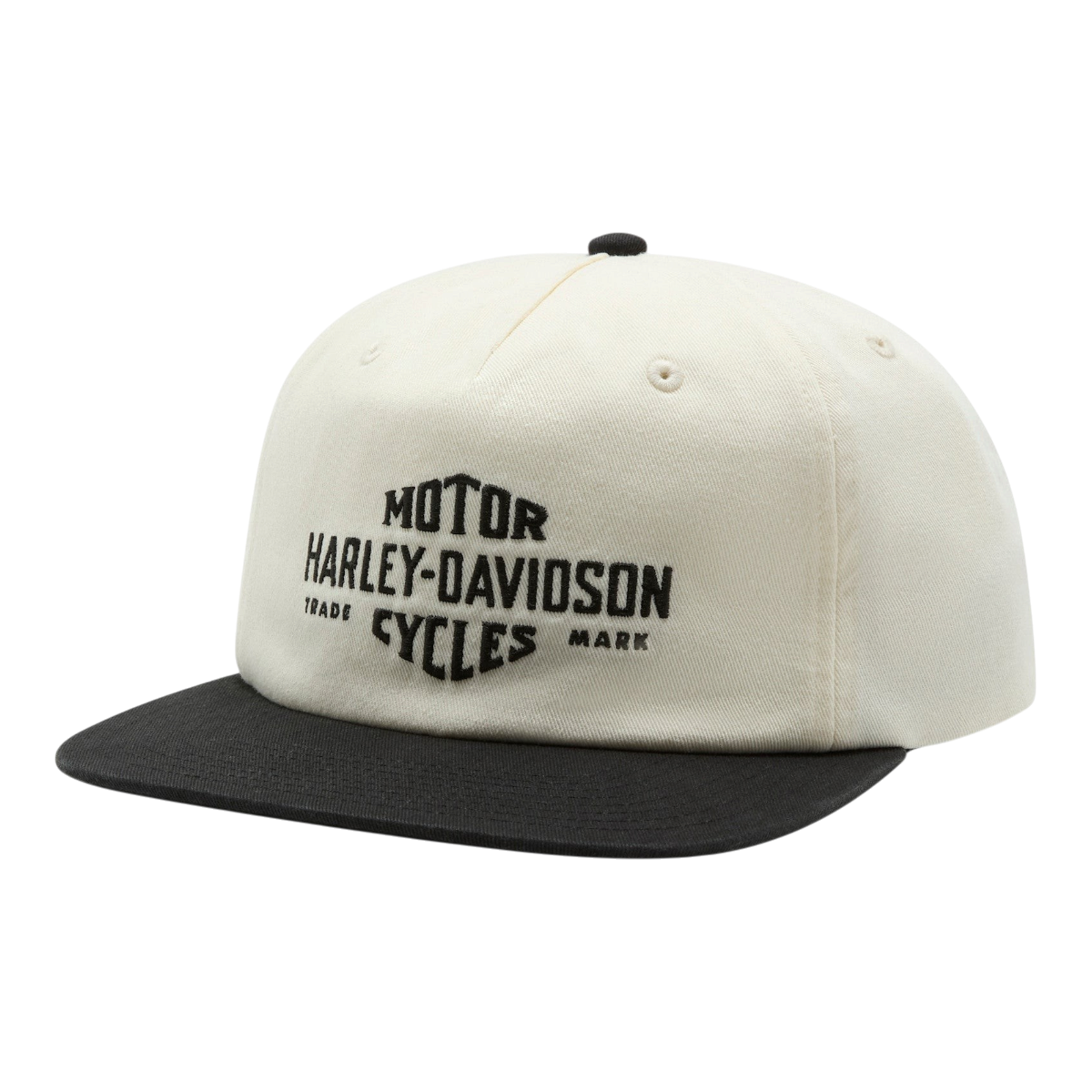 MILWORKS Originals Standard Twill Cap in bone with a black contrast brim and vintage Harley-Davidson embroidery.