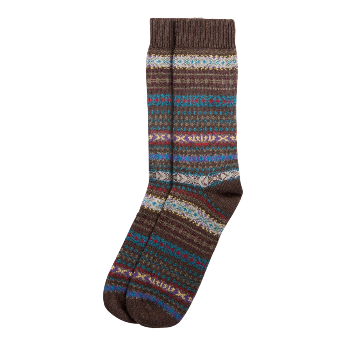 MILWORKS Boyd lambswool blend socks in chocolate brown with a traditional multi-coloured Fair Isle pattern