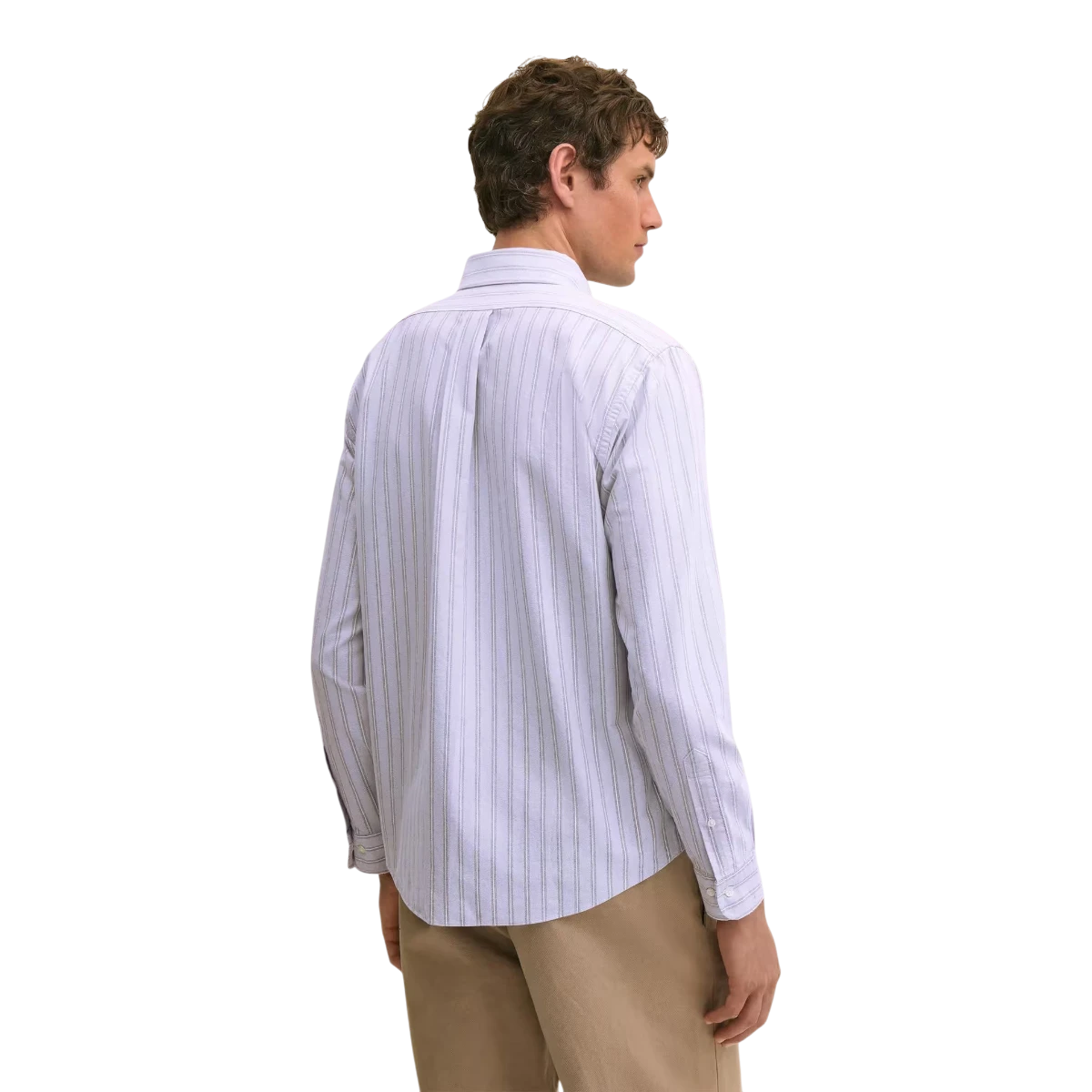 MILWORKS Brooks Brothers Friday Shirt in lavender stripe oxford cotton with button-down collar, back view on model