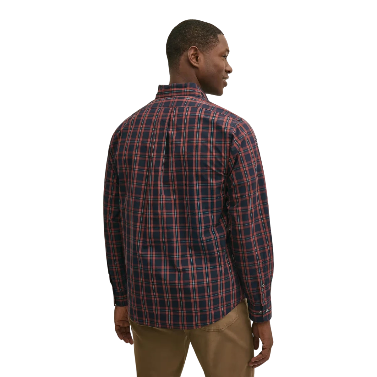 MILWORKS Brooks Brothers Friday Shirt in red plaid cotton poplin with button-down collar, back view on a model