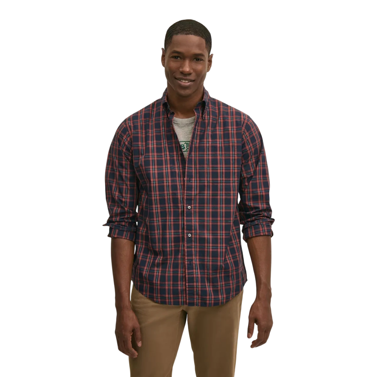 MILWORKS Brooks Brothers red plaid cotton poplin Friday shirt with button-down collar worn by a smiling man