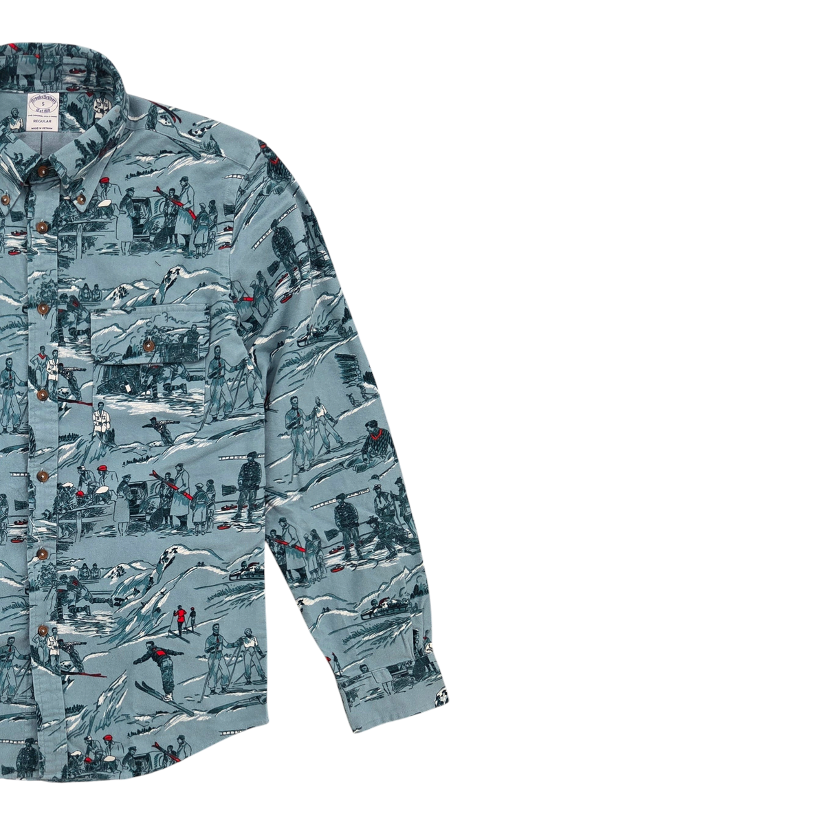 MILWORKS Brooks Brothers turquoise chamois shirt featuring a vintage winter ski resort print and button-down collar.