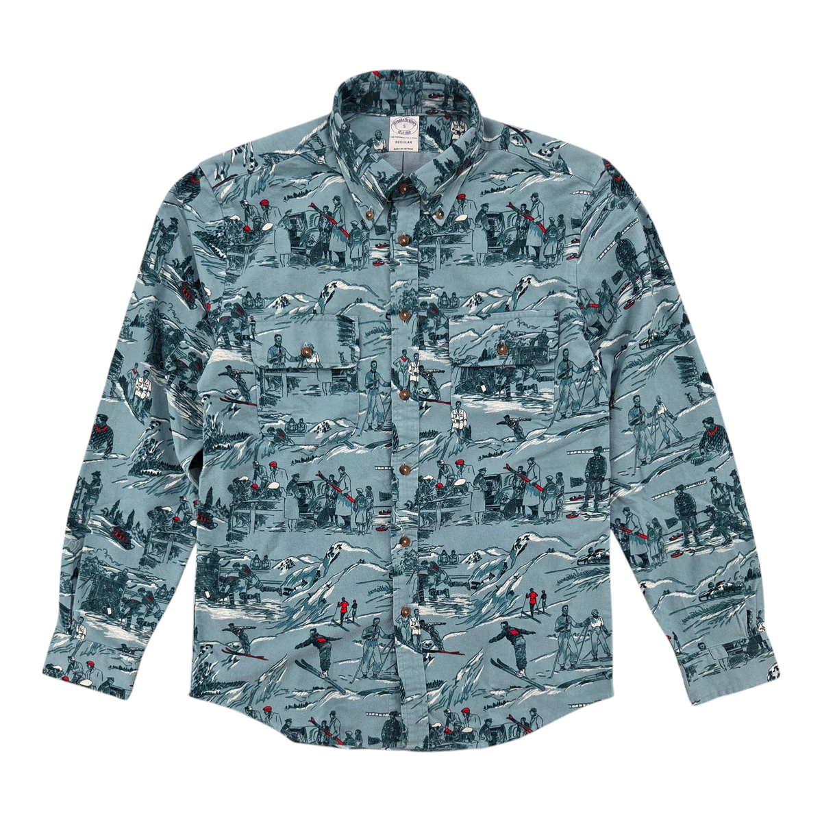 MILWORKS Brooks Brothers turquoise chamois shirt featuring a vintage winter ski resort print and button-down collar.