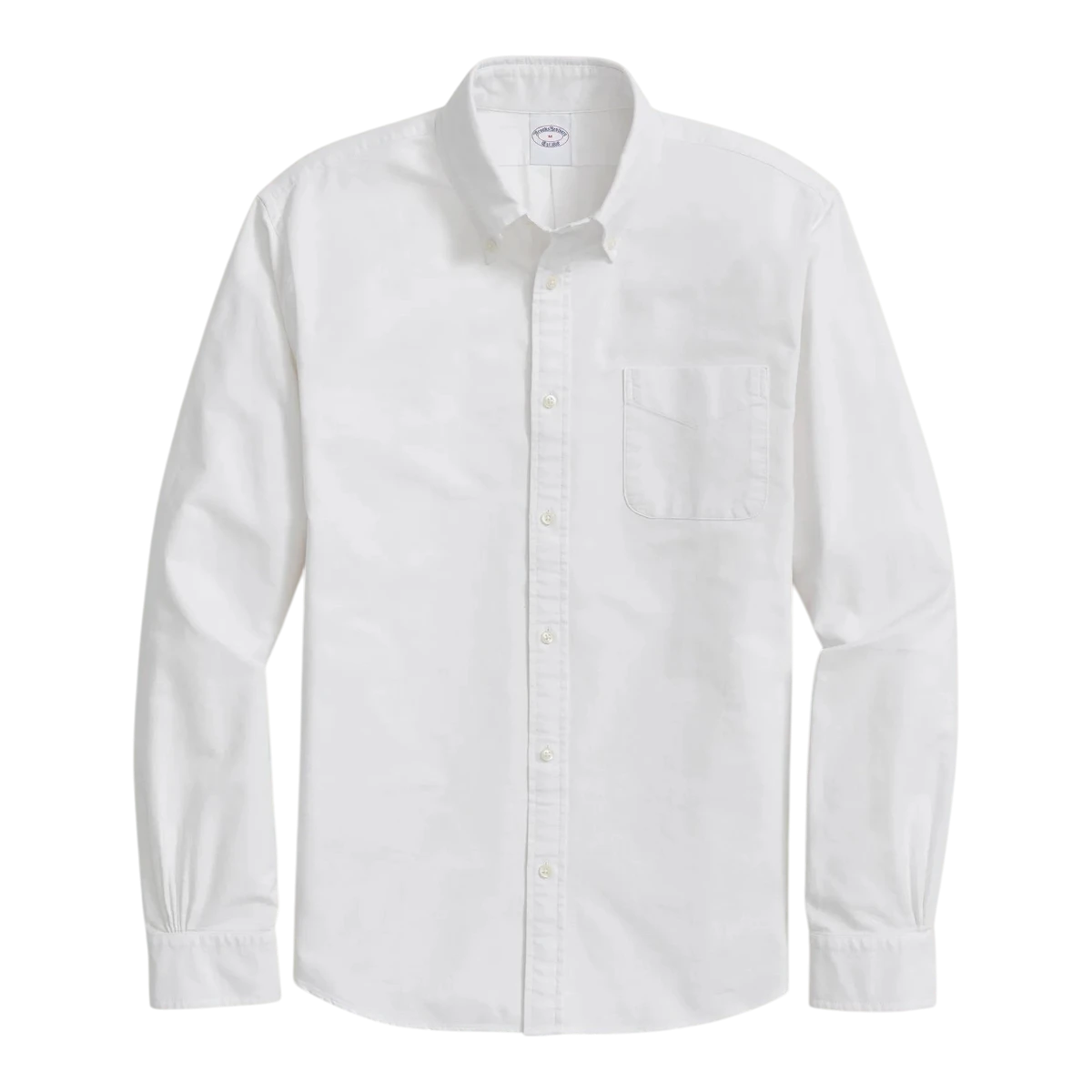 MILWORKS Brooks Brothers white oxford Friday Shirt featuring a button-down collar, chest pocket, and barrel cuffs.