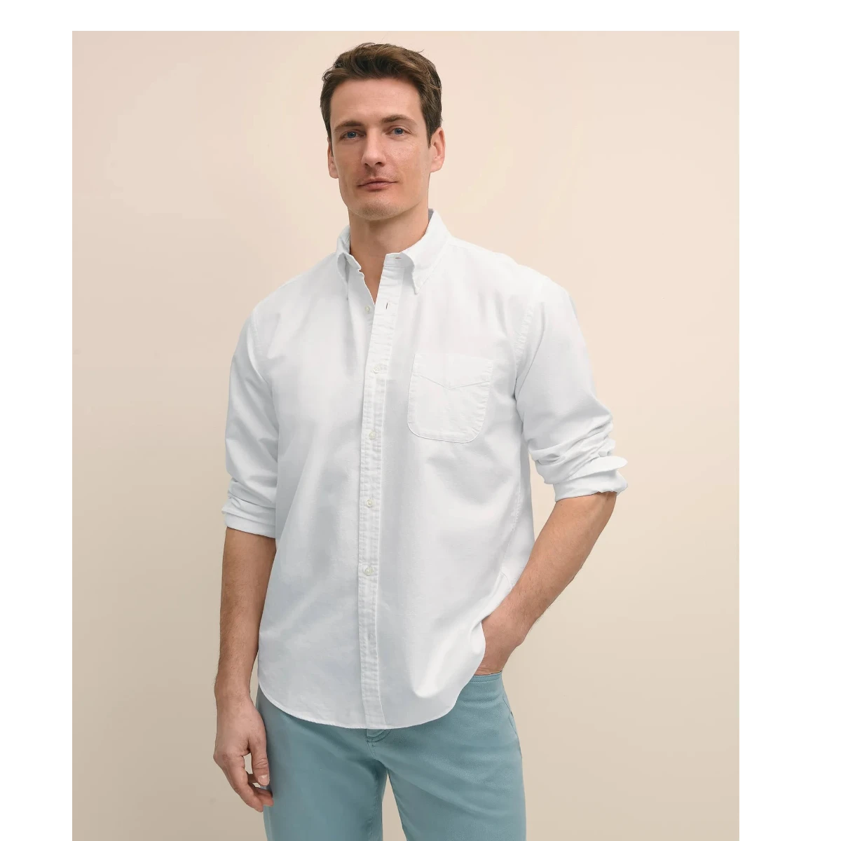 MILWORKS Brooks Brothers white oxford button-down shirt with a relaxed fit and chest pocket worn by a male model