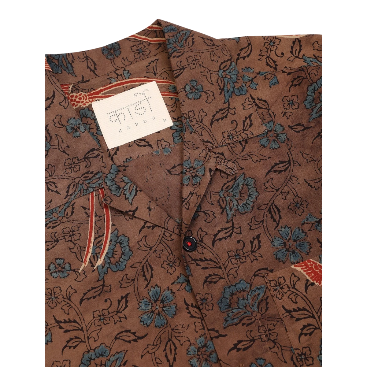 MILWORKS Ronen short sleeve shirt in brown with blue floral Ajrakh print, camp collar, and corozo buttons.