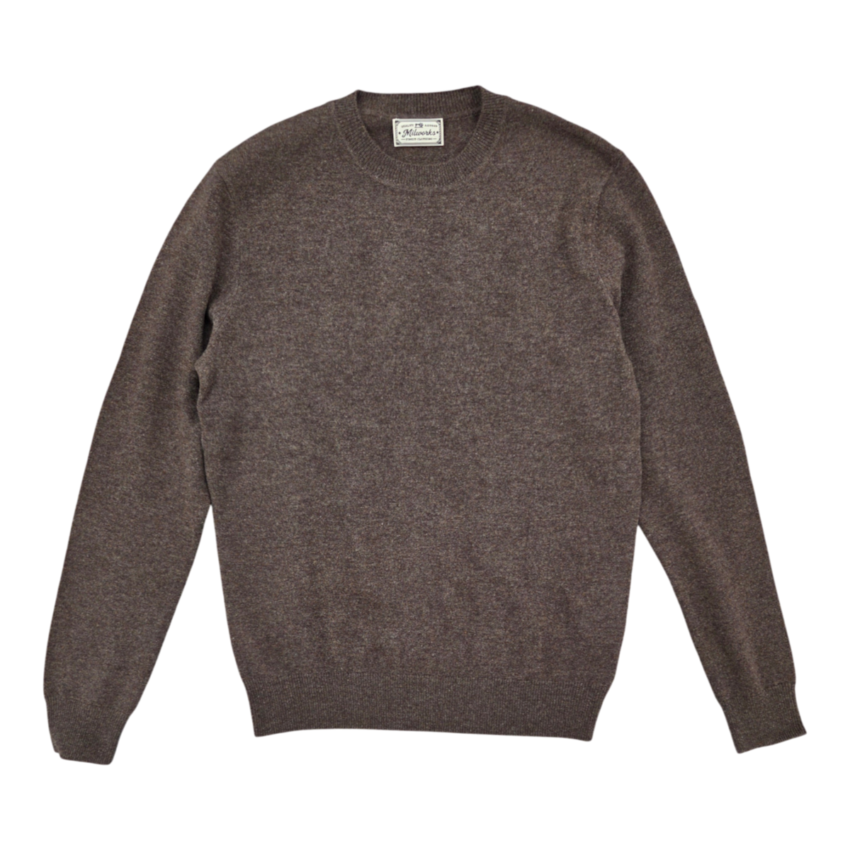 MILWORKS brown 100% cashmere crew neck sweater with a classic knit construction and ribbed hem and cuffs.