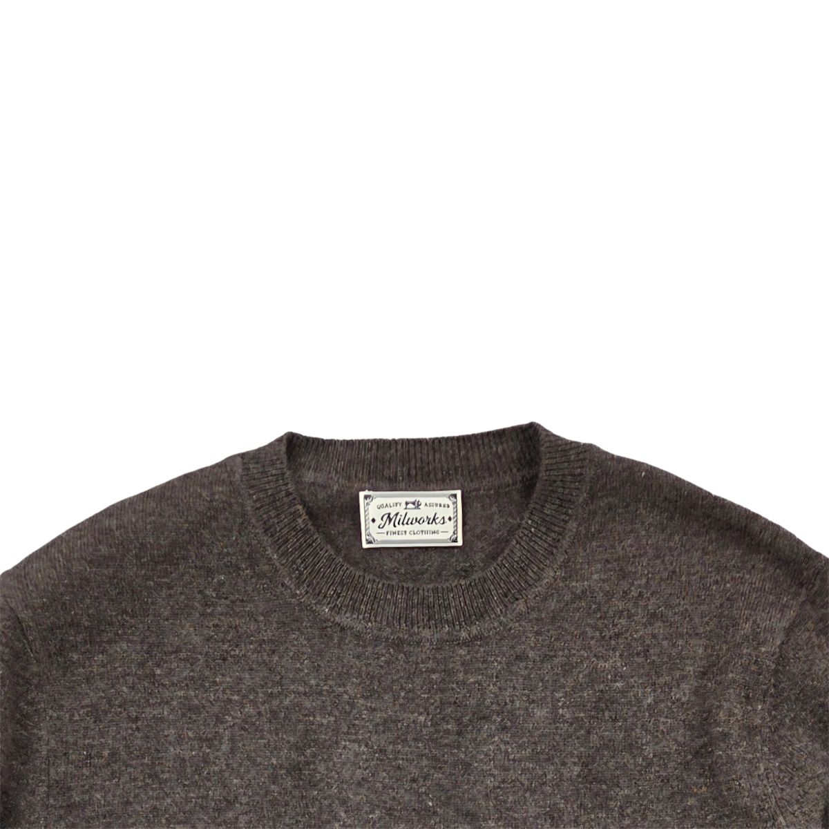 MILWORKS brown cashmere crew neck sweater with a ribbed collar and interior brand label