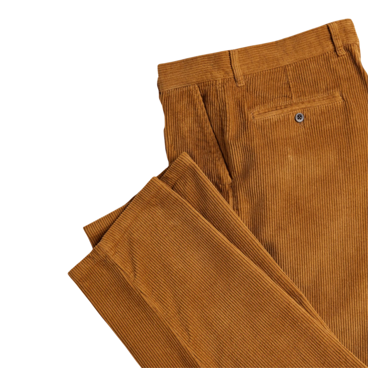 milworks.momrduroy trousers in a rich autumn brown shade featuring a single pleat and recycled polyester button