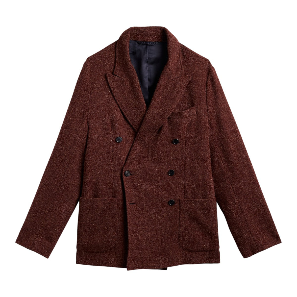 MILWORKS Portuguese Flannel double-breasted sport jacket in a rich brown textured wool fabric with patch pockets.
