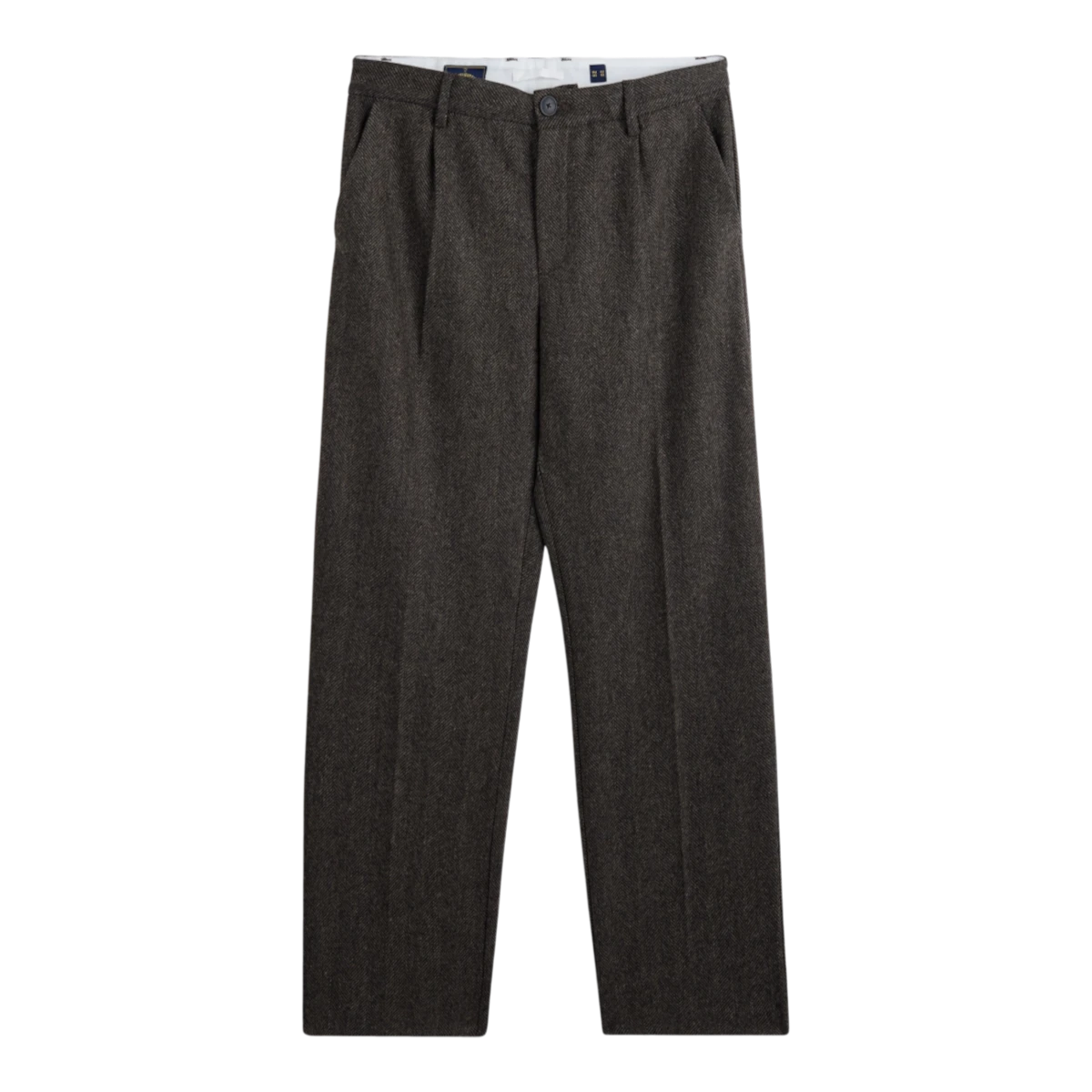 MILWORKS brown herringbone virgin wool trousers featuring a single pleat design and recycled polyester buttons.
