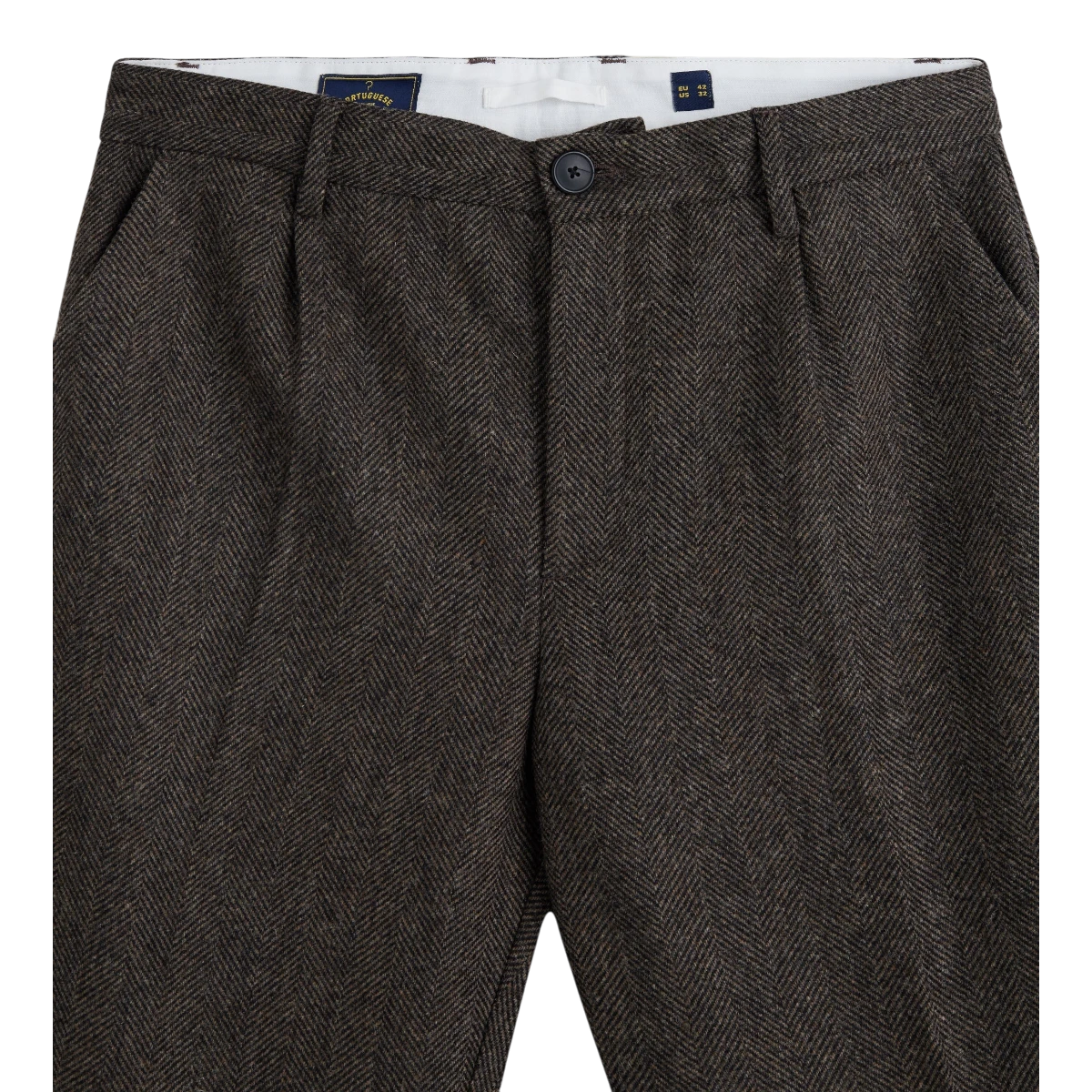 MILWORKS brown herringbone virgin wool trousers with single pleat detail and recycled polyester button closure