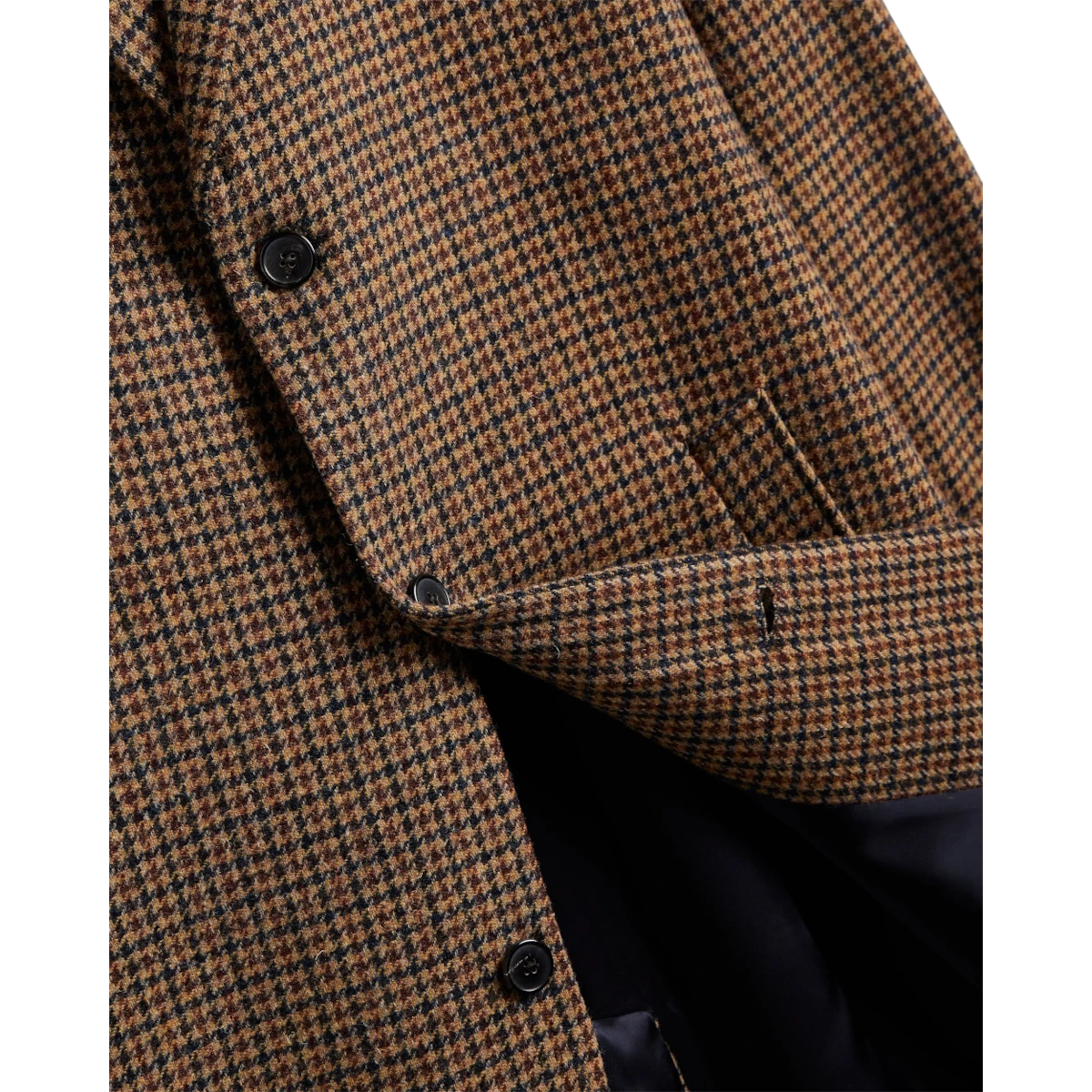 MILWORKS Portuguese Flannel overcoat in a brown and black houndstooth wool pattern with dark buttons