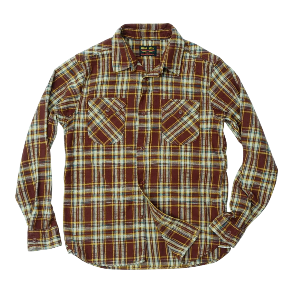 MILWORKS brown slub heavy flannel shirt with a small check pattern, button-down front, and two chest pockets.