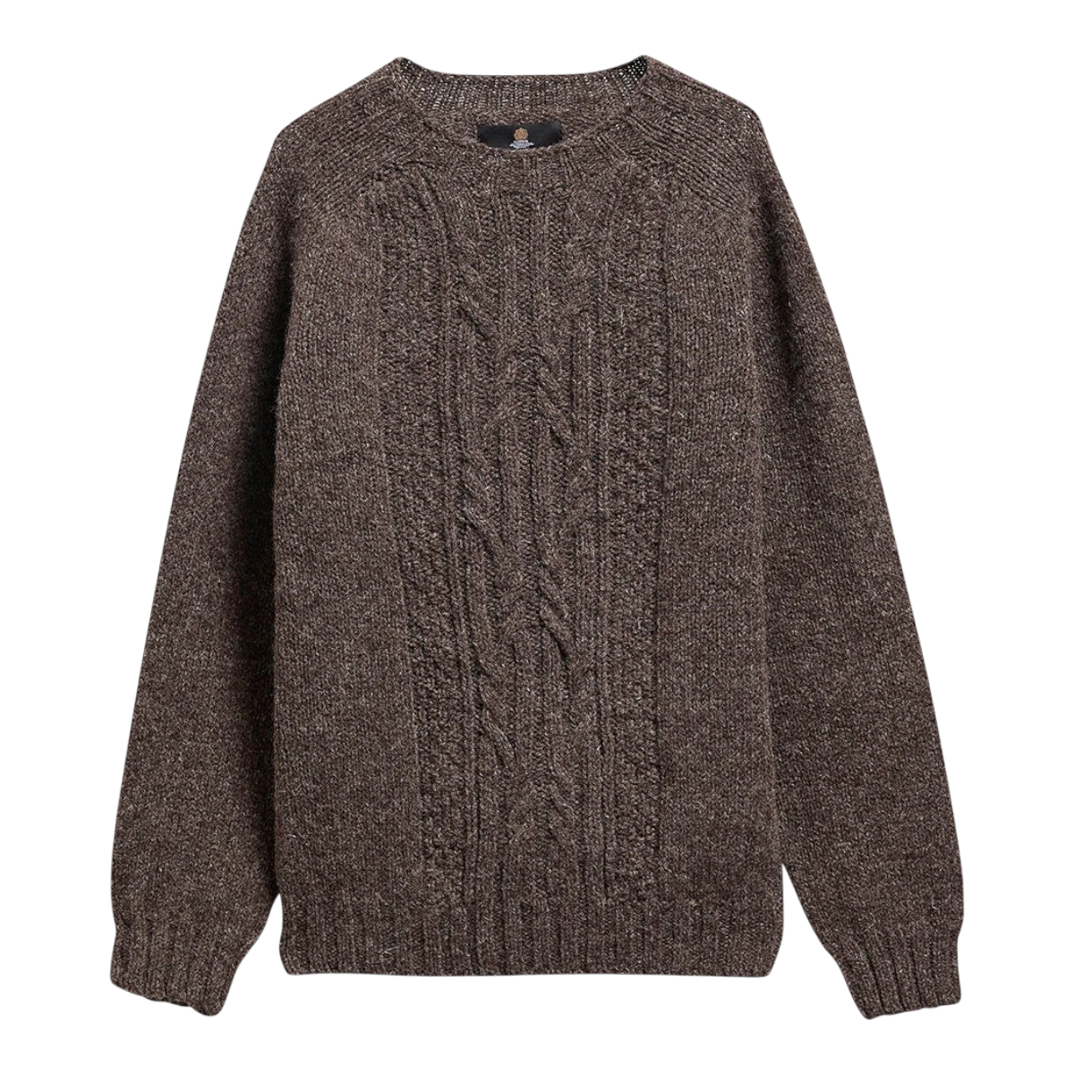 MILWORKS Scottish made medium brown pure new wool crew neck sweater with a traditional cable knit front panel.
