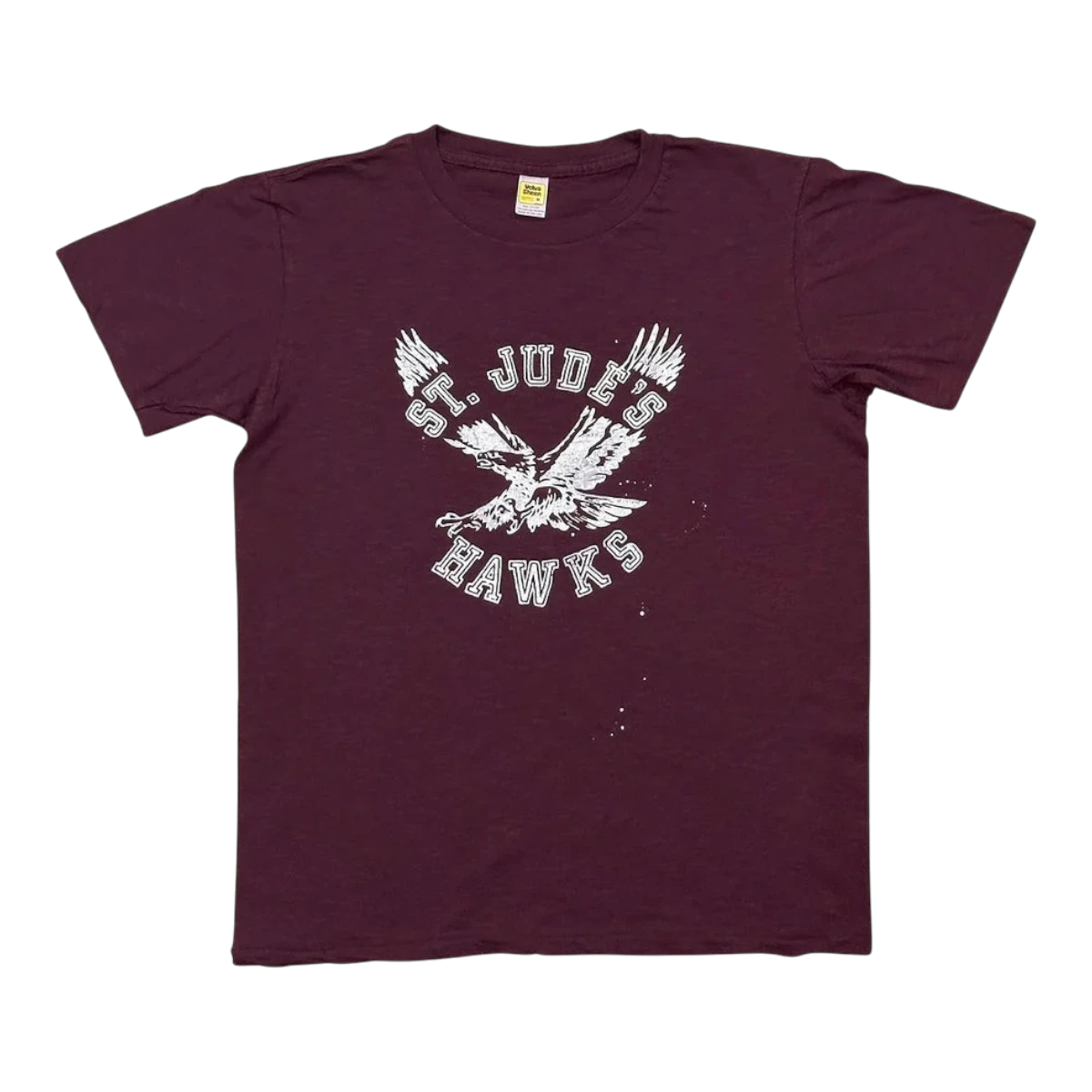 MILWORKS burgundy crew neck t-shirt with white St. Judes Hawks eagle graphic print made from US cotton