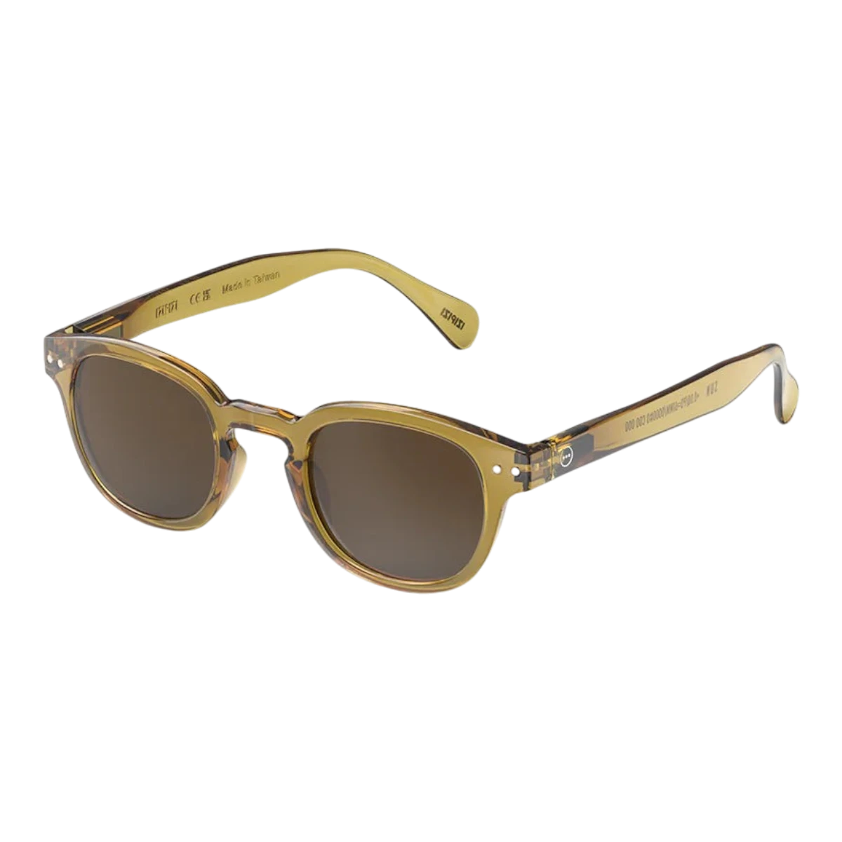 MILWORKS #C sunglasses in translucent golden green with a glossy finish and brown lenses in a vintage square frame.