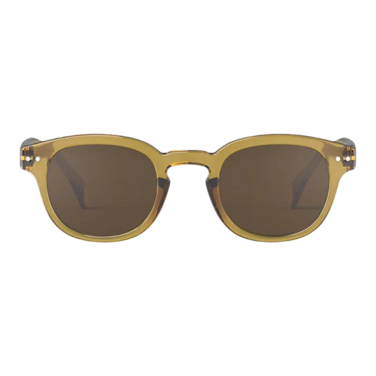 MILWORKS #C sunglasses in translucent golden green with a glossy finish and brown lenses in a vintage square frame.