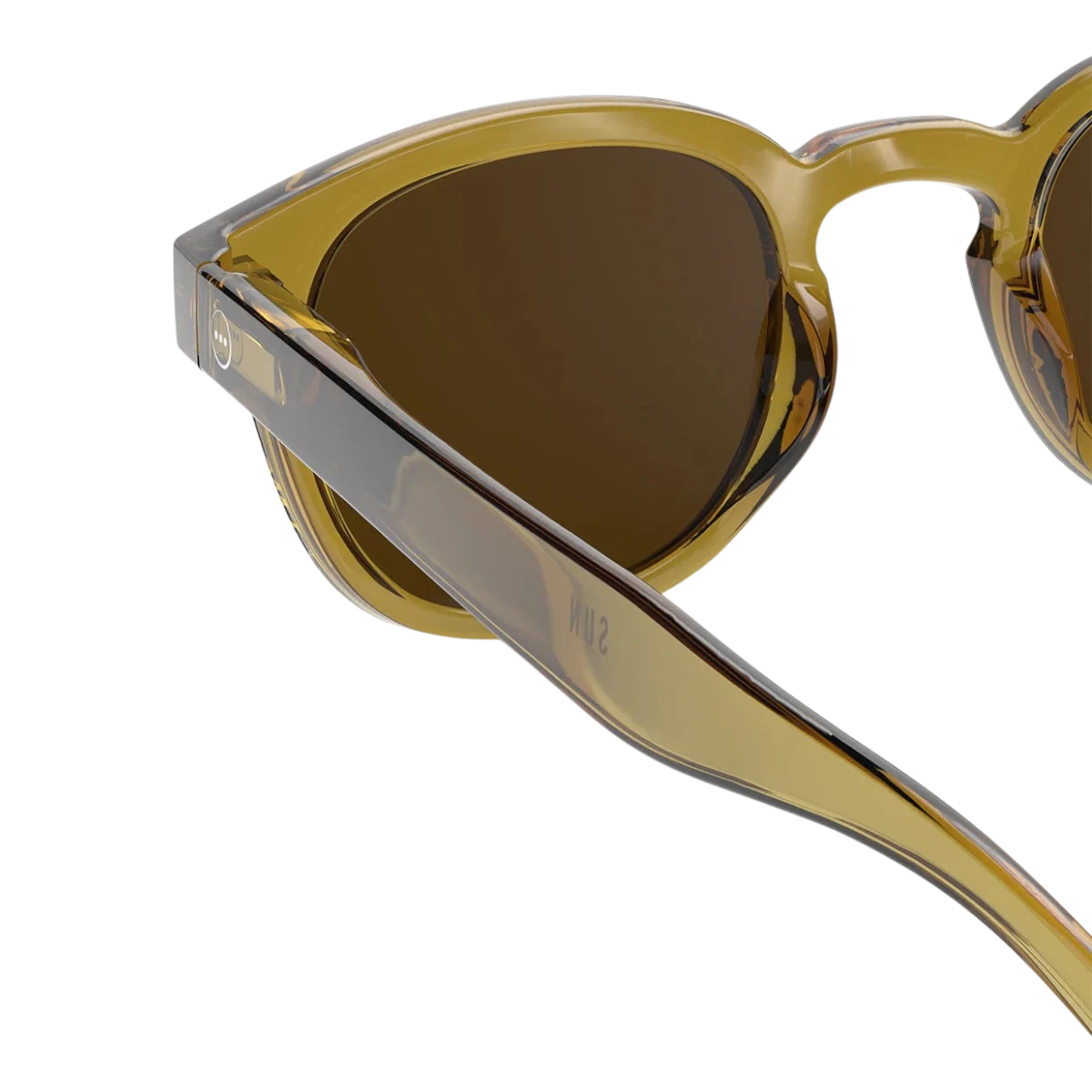 MILWORKS #C sunglasses in translucent golden green with brown lenses and a glossy vintage-inspired frame.