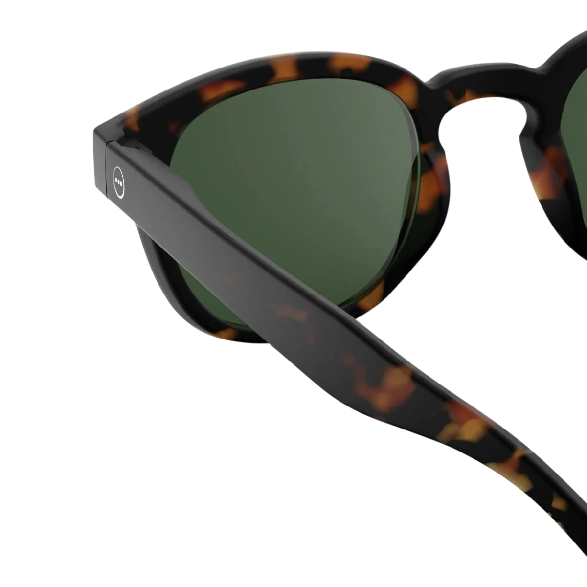 MILWORKS #C retro sunglasses in tortoise shell with green polarized lenses and laser-engraved signature detail.