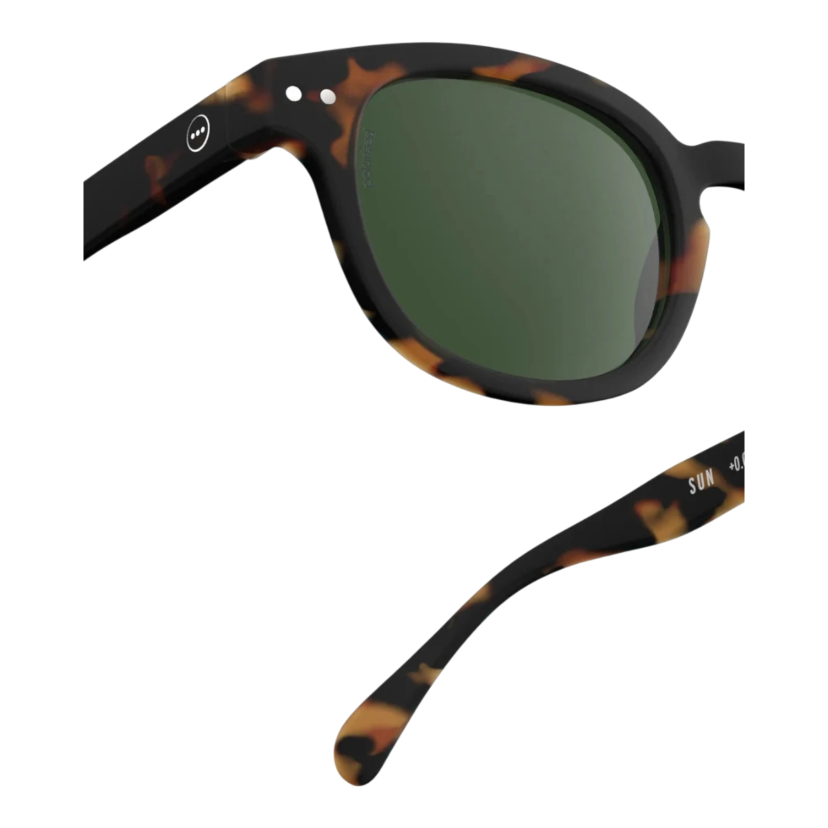 MILWORKS #C retro sunglasses in tortoise shell with green polarized lenses and laser-engraved signature detail.