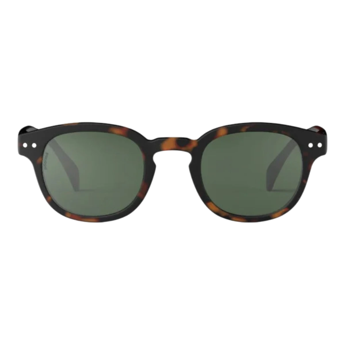 MILWORKS #C retro sunglasses in tortoise shell frame with green polarized lenses and laser-engraved detail