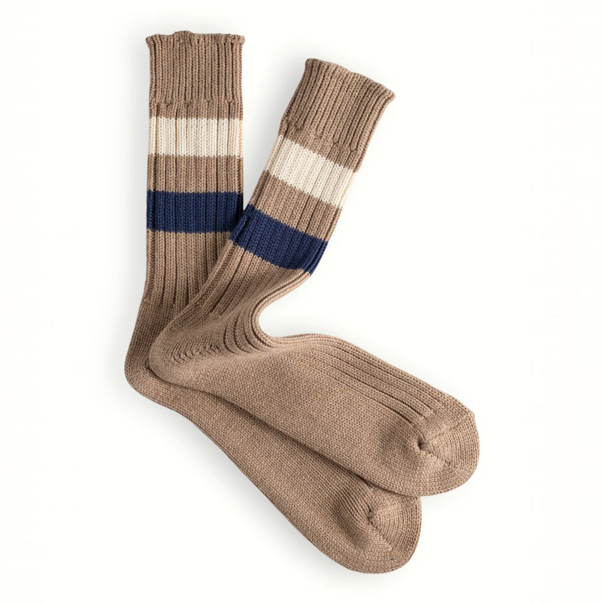MILWORKS Urban collection camel cotton socks with white and navy blue stripes on the ribbed leg