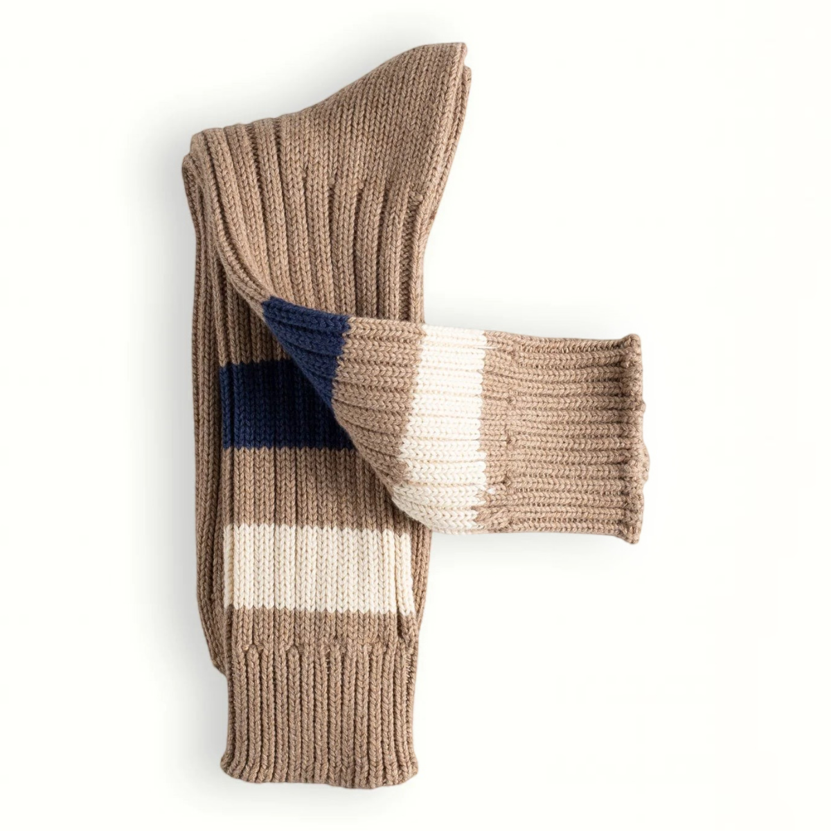 MILWORKS Urban Collection camel cotton socks with textured knit and navy and white contrast stripes on the leg.