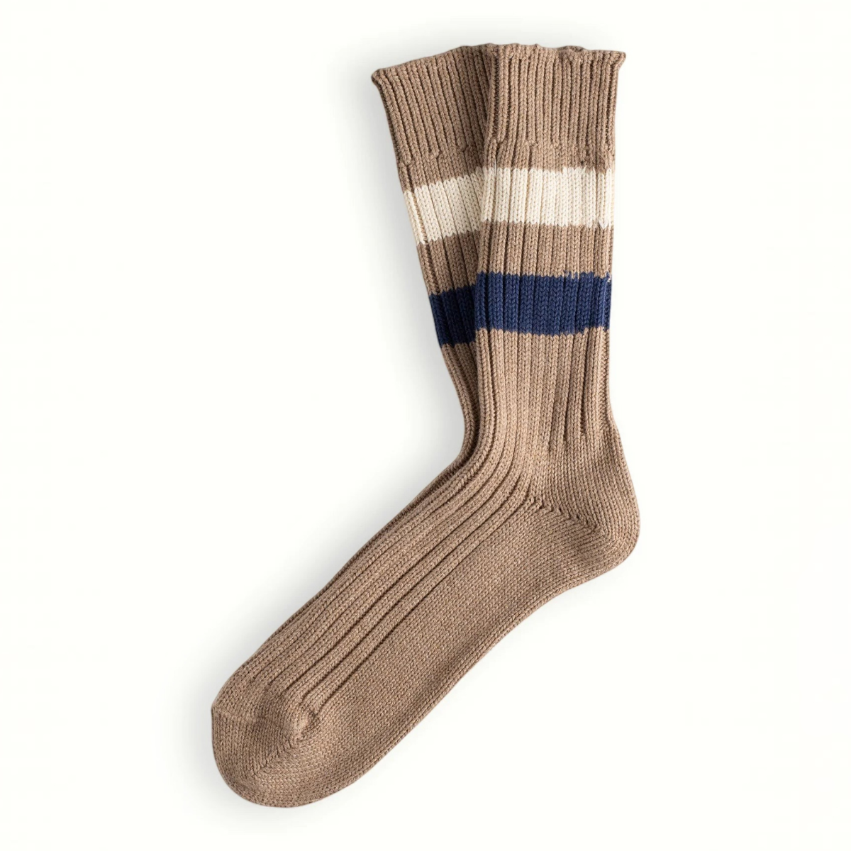 MILWORKS Urban collection camel cotton socks with ribbed texture and white and navy blue contrast stripes.