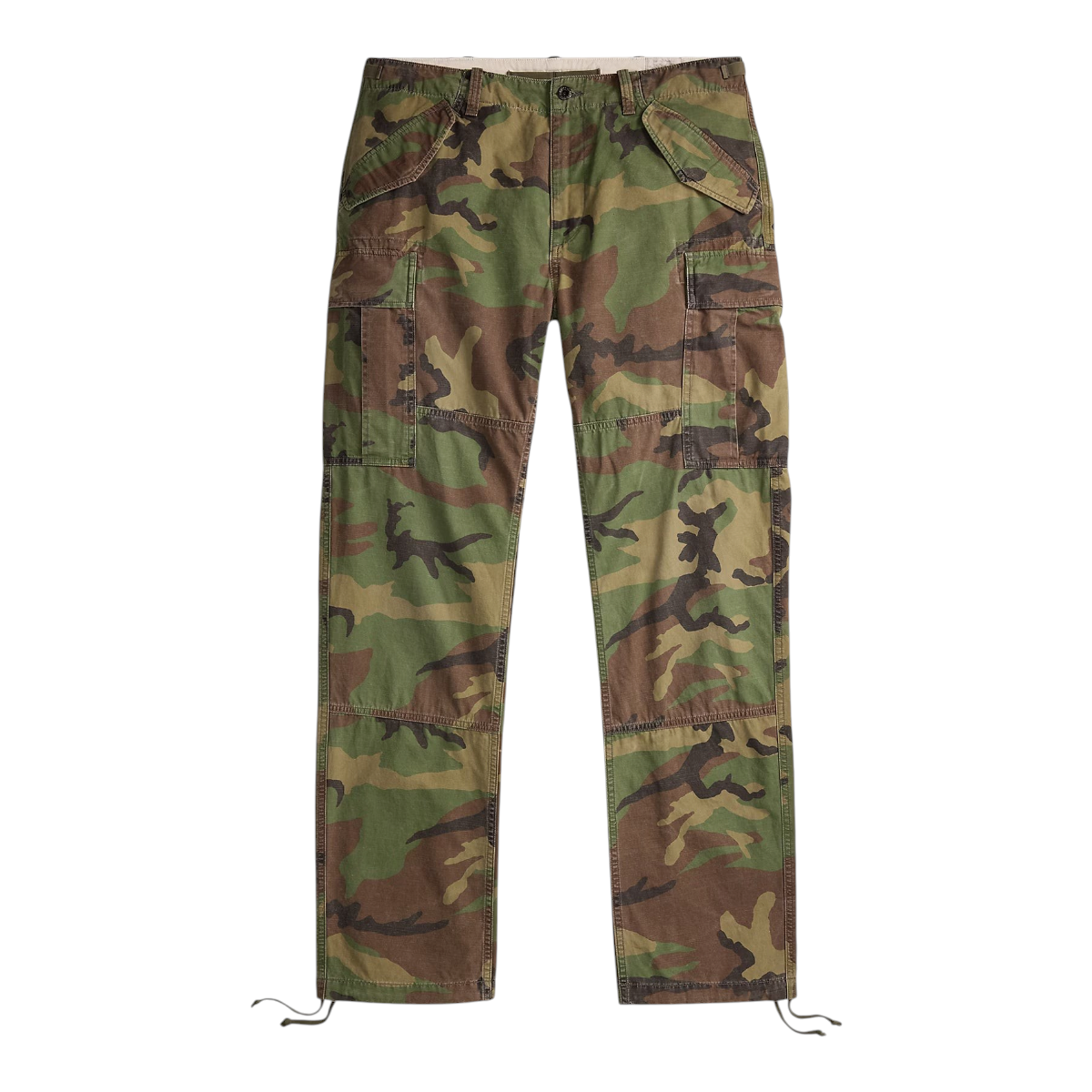 MILWORKS classic fit surplus camo cargo pants in durable cotton canvas with side pockets and drawstring hems.