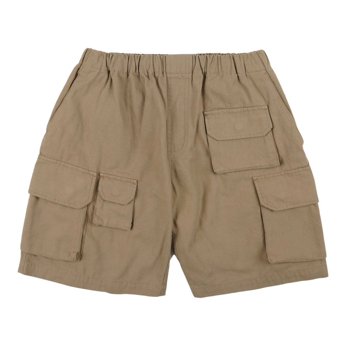 MILWORKs khaki beige canvas multi pocket shorts with elastic waistband and utility pockets.