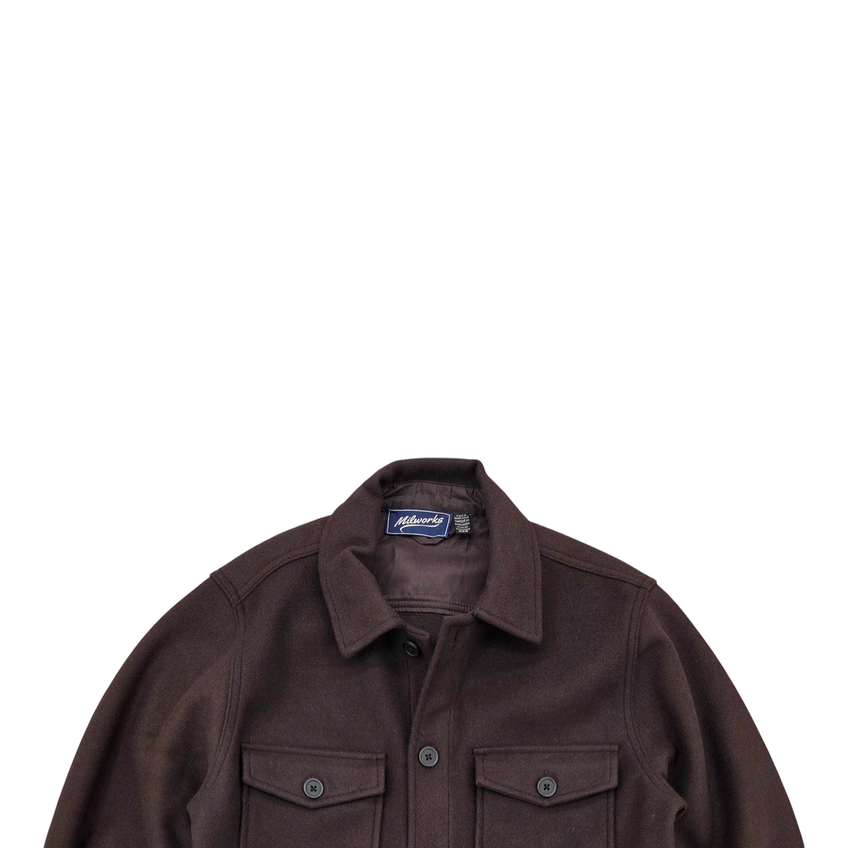 MILWORKS chocolate brown wool-blend overshirt jacket with button-down chest pockets and a classic collar