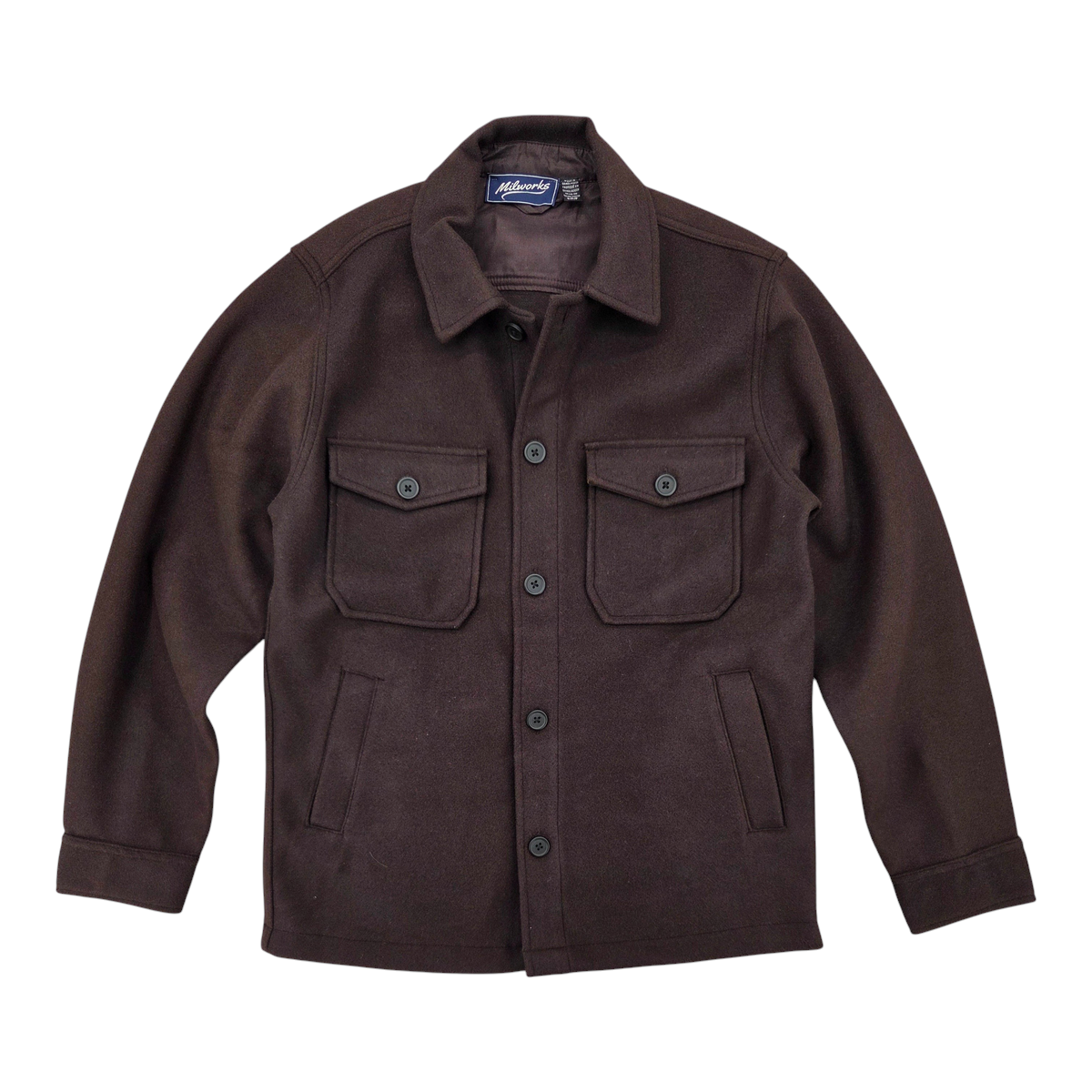 MILWORKS chocolate brown wool-blend overshirt jacket with button-down front and two chest pockets