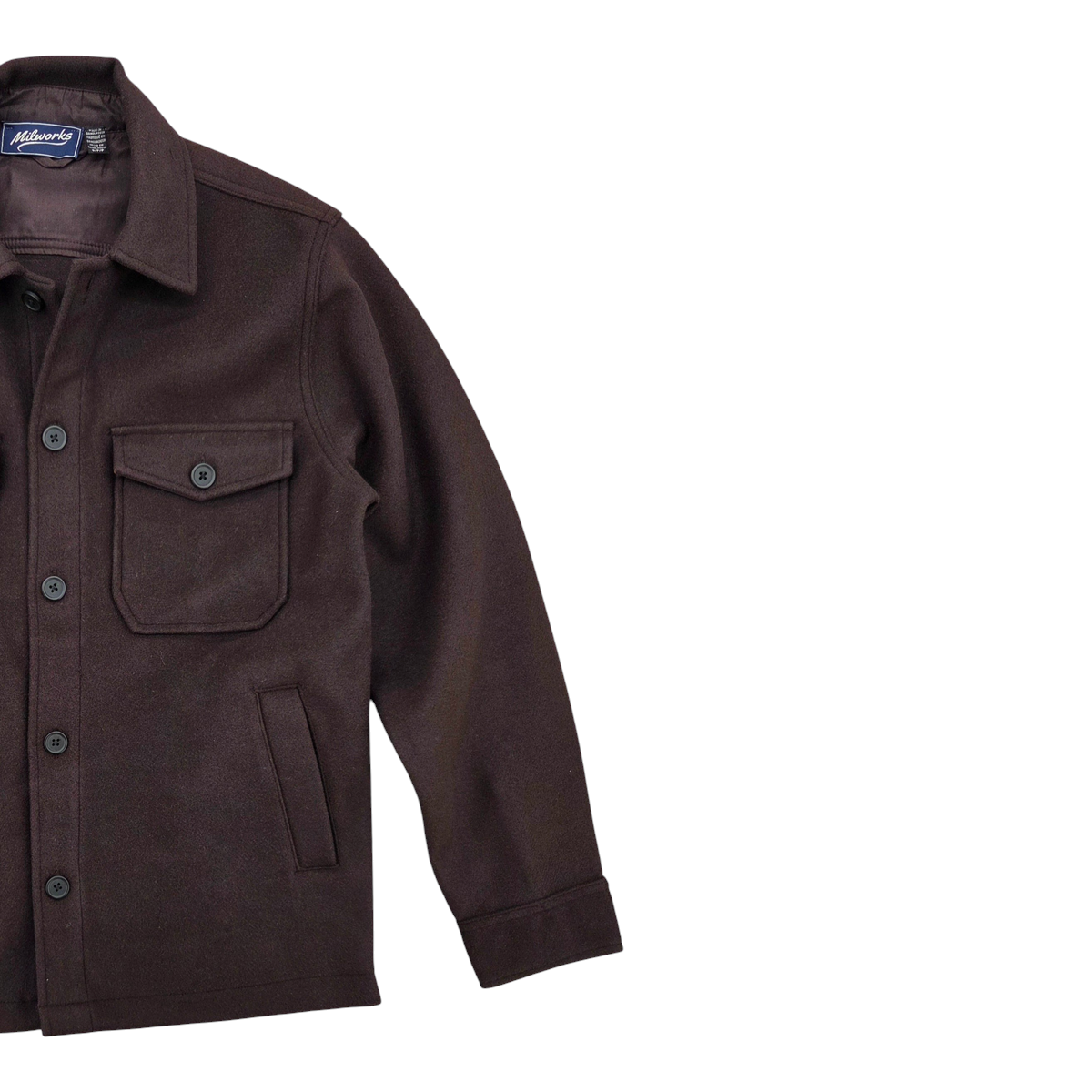 MILWORKS chocolate brown overshirt jacket with a classic collar, button-down front, and chest pocket detail.