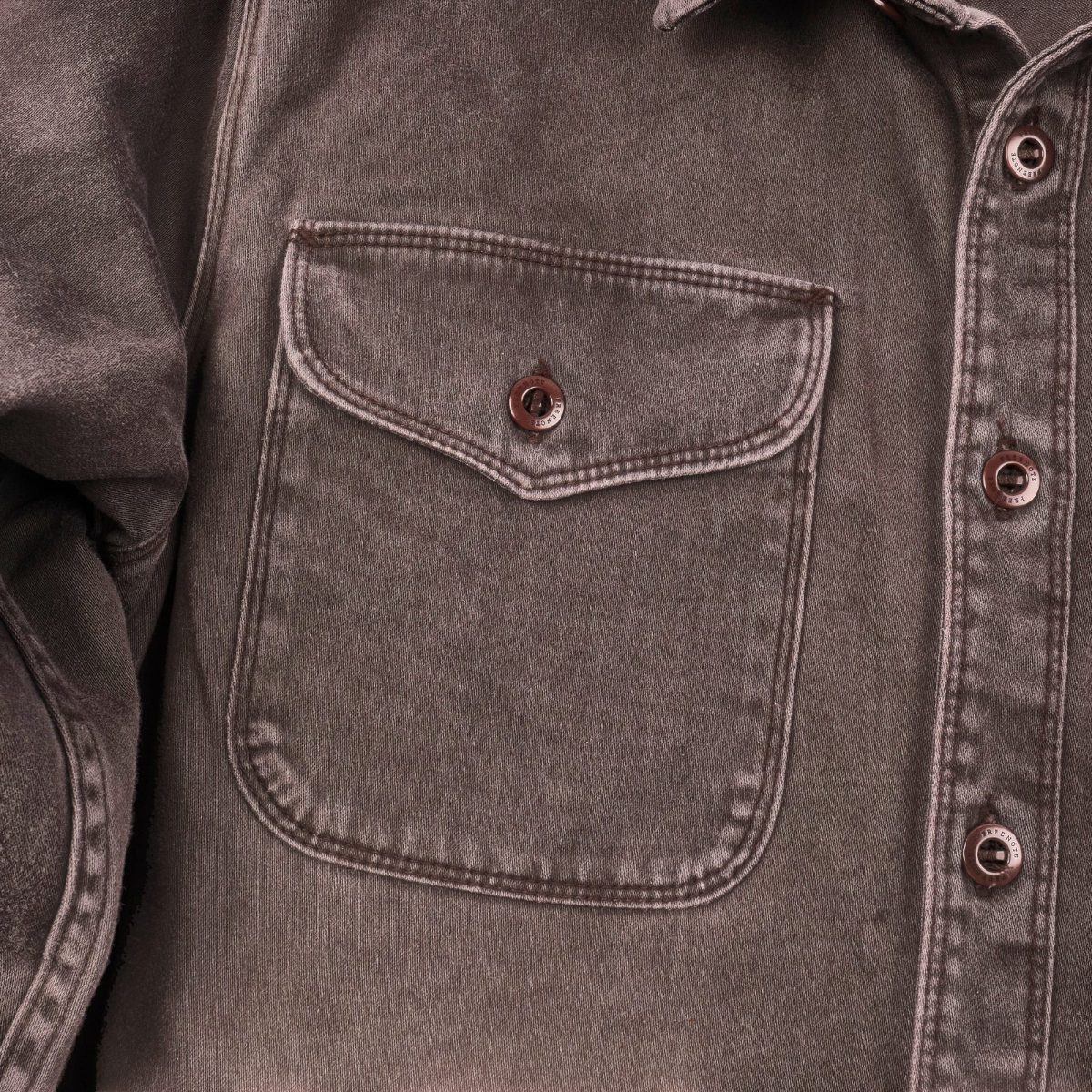 MILWORKS chocolate brown utility shirt in Japanese sateen twill with oversized pocket and Corozo buttons