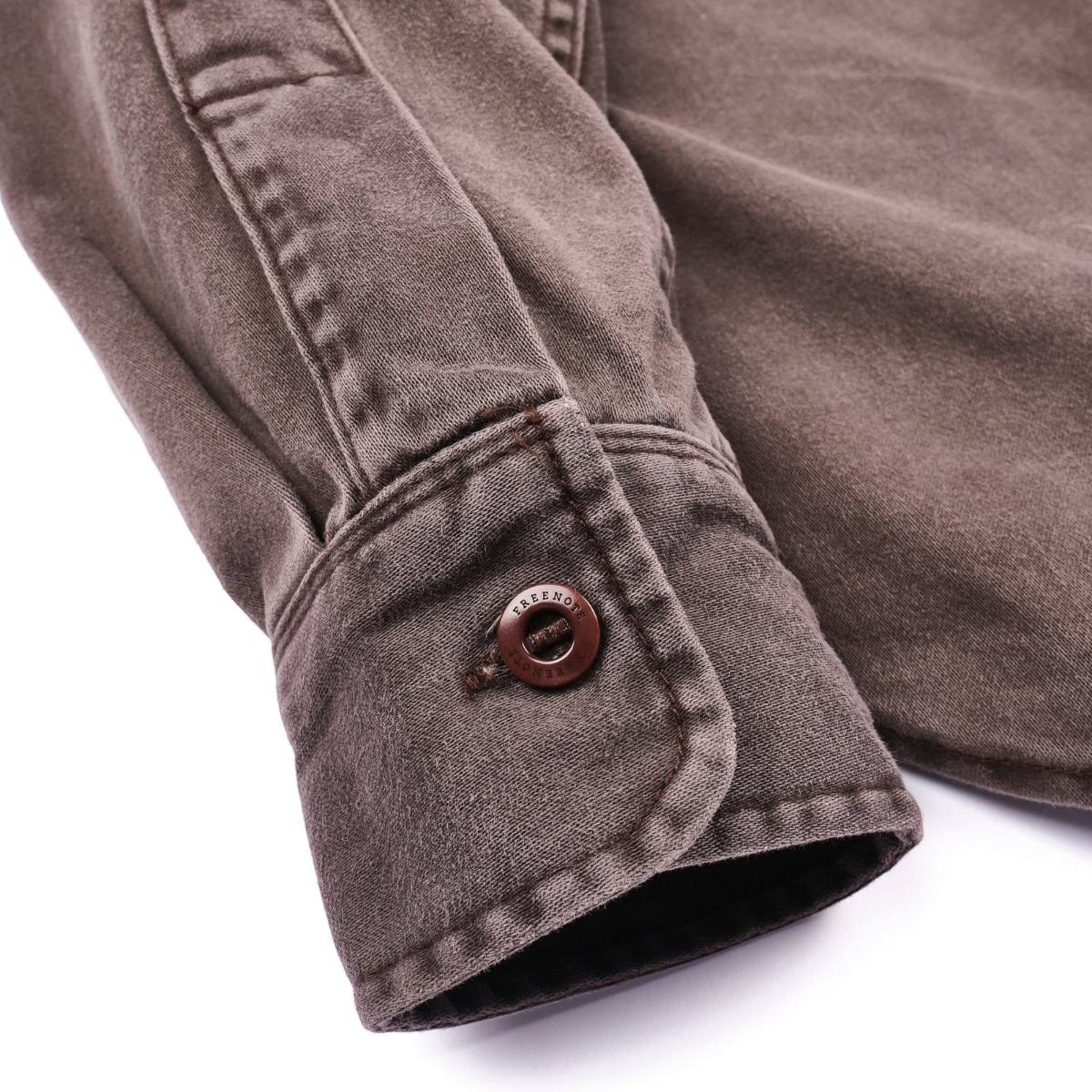 MILWORKS chocolate brown cotton sateen twill utility shirt sleeve detail with custom Corozo button