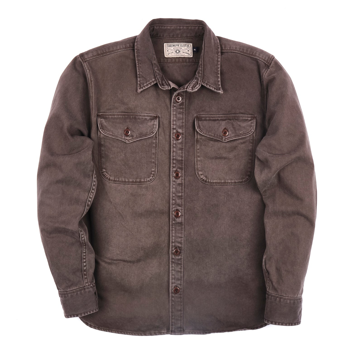 MILWORKS chocolate brown Japanese sateen cotton utility shirt with double chest pockets and Corozo buttons