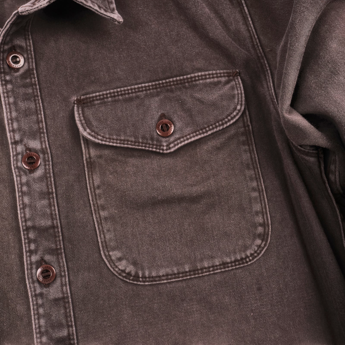 MILWORKS Utility Shirt in chocolate brown Japanese sateen twill cotton with oversized chest pocket and Corozo buttons