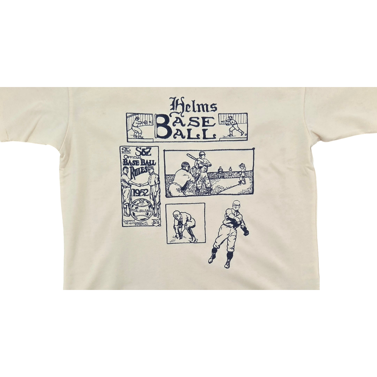 MILWORKS cream t-shirt featuring vintage navy blue Helms Baseball graphic print with retro sports illustrations