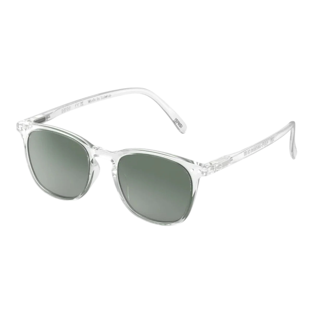 MILWORKS #E polarized sunglasses with a transparent trapezoidal frame and green lenses on a black background.
