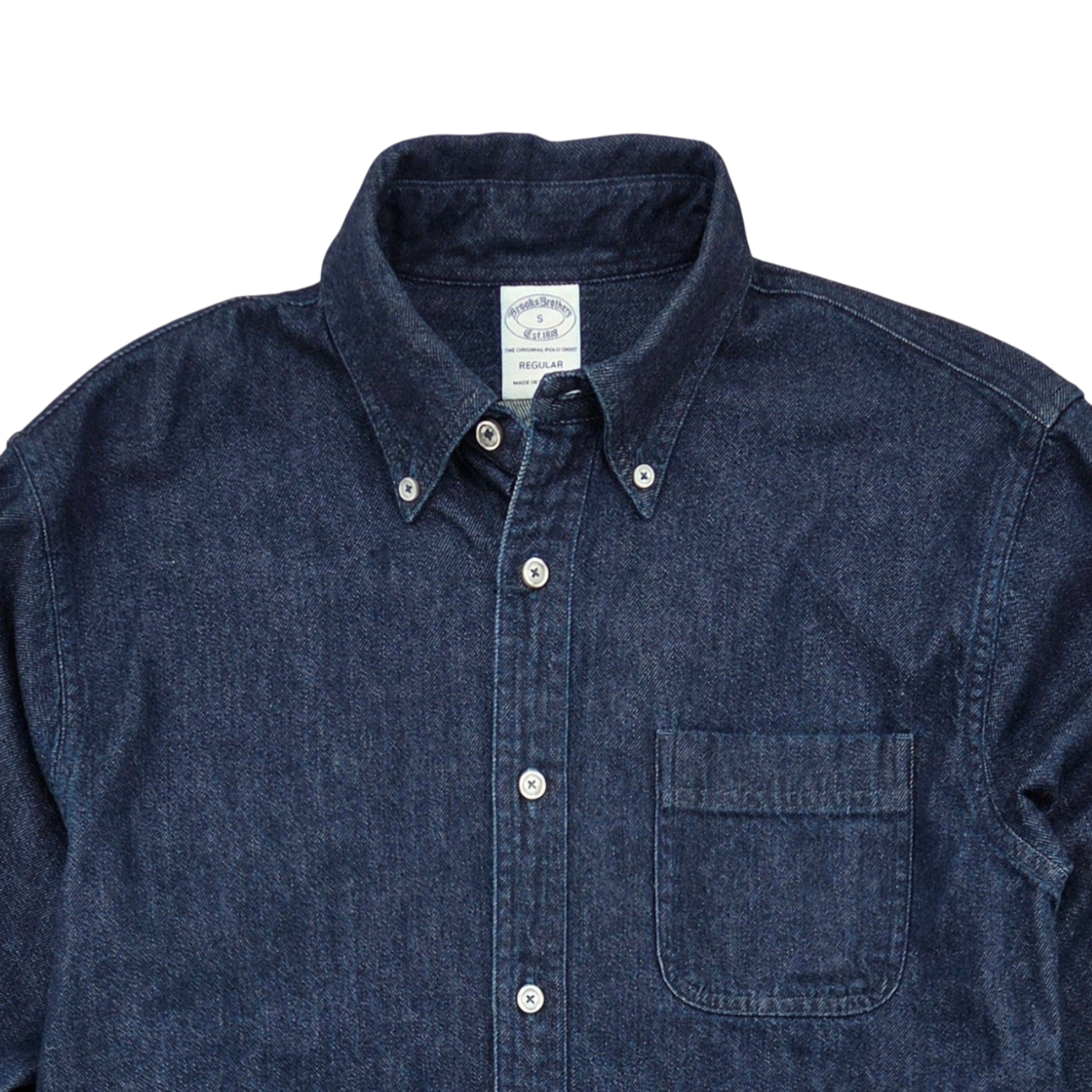MILWORKS dark blue 100% cotton twill denim shirt with a button-down collar and chest pocket
