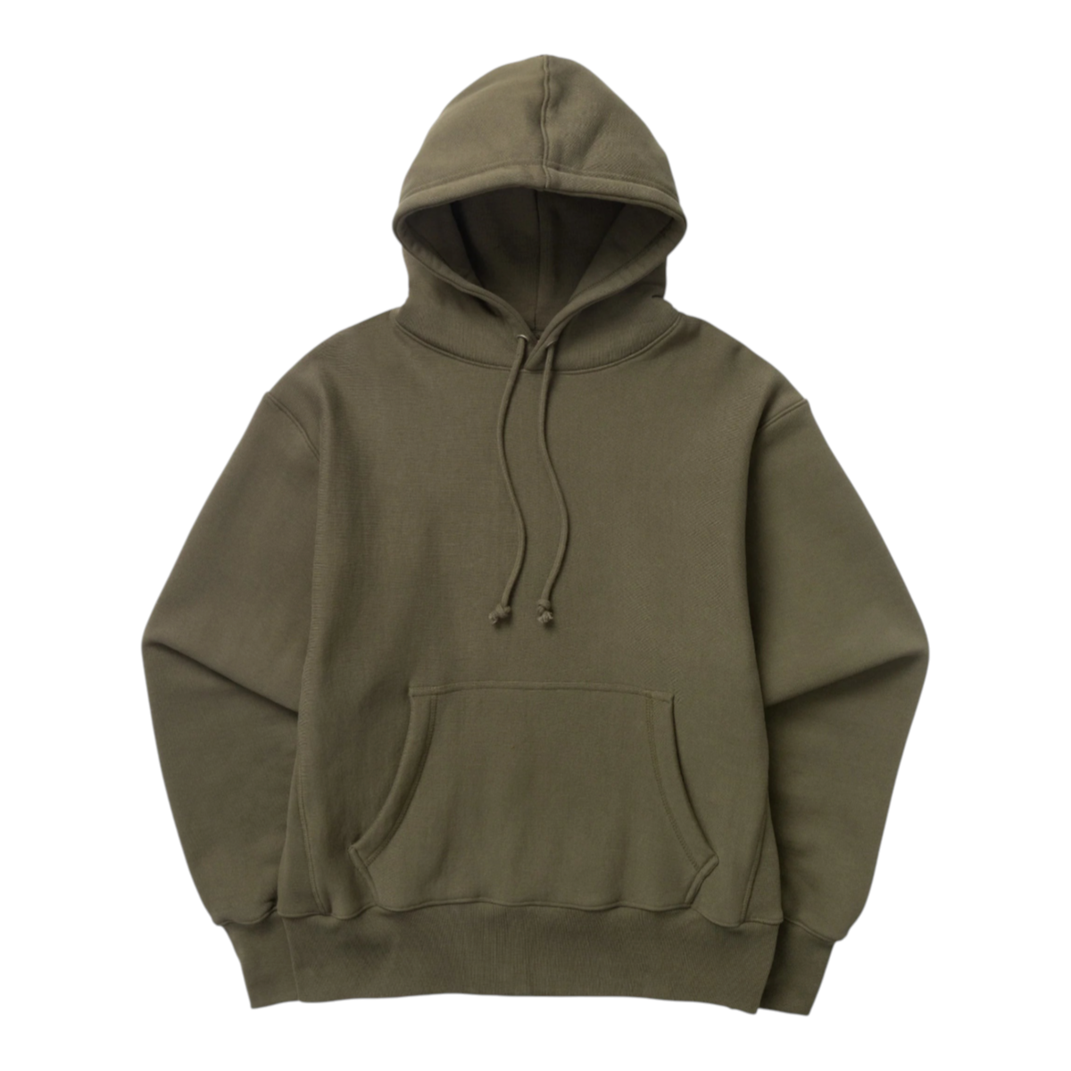 MILWORKS dark olive 16oz heavyweight organic cotton brushed fleece hoodie with drawstring hood and front pocket.