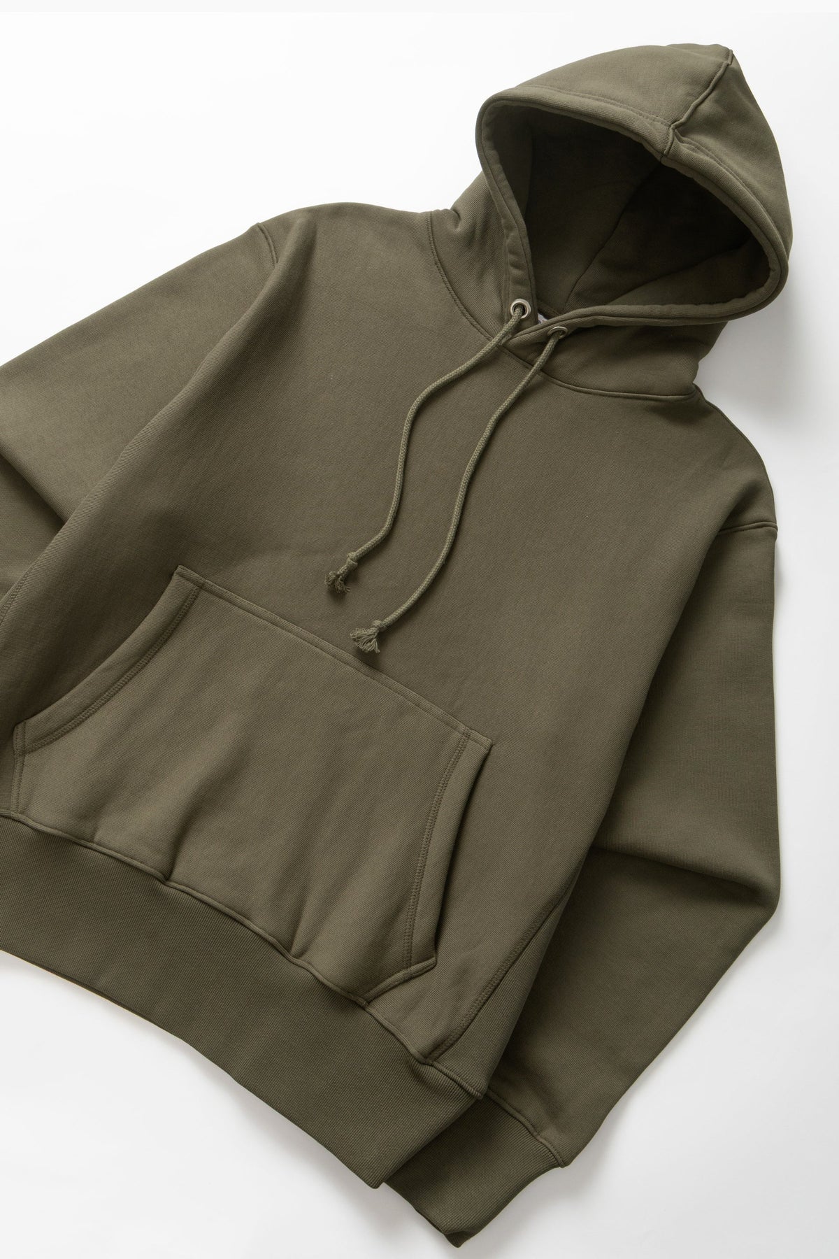 MILWORKS dark olive 16oz heavyweight organic cotton brushed fleece hoodie with drawstring hood and front pouch pocket.
