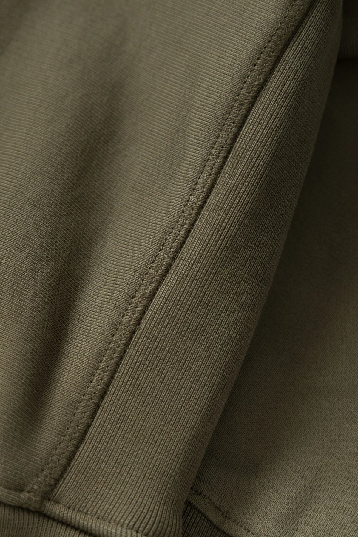 MILWORKS dark olive heavyweight organic cotton brushed fleece rugby shirt showing detailed side ribbing texture