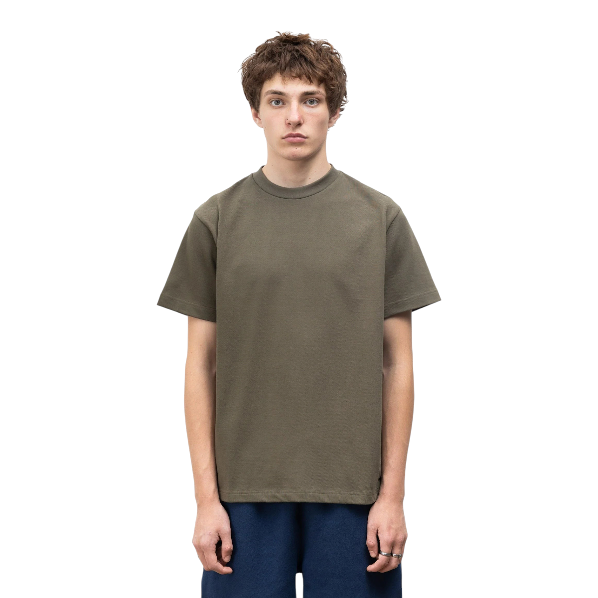 MILWORKS 10oz heavyweight organic cotton t-shirt in dark olive with a reinforced ribbed neckline on a male model