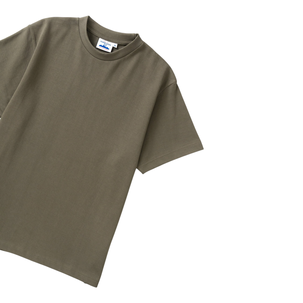 MILWORKS Power Goods dark olive 10oz heavyweight organic cotton t-shirt with a reinforced ribbed neckline.