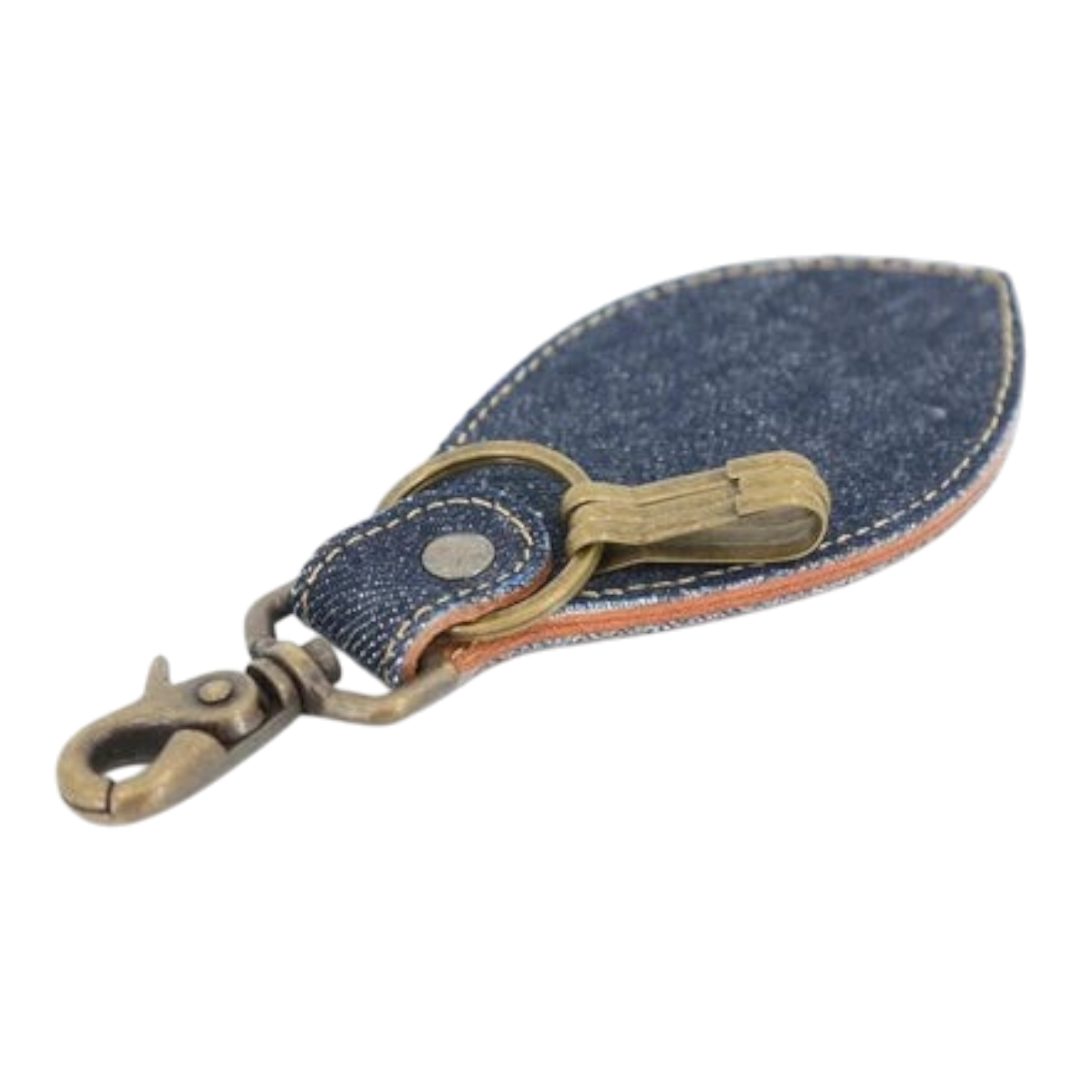 MILWORKS Big John leaf-shaped key ring made from indigo Okayama denim and Italian leather with brass hardware