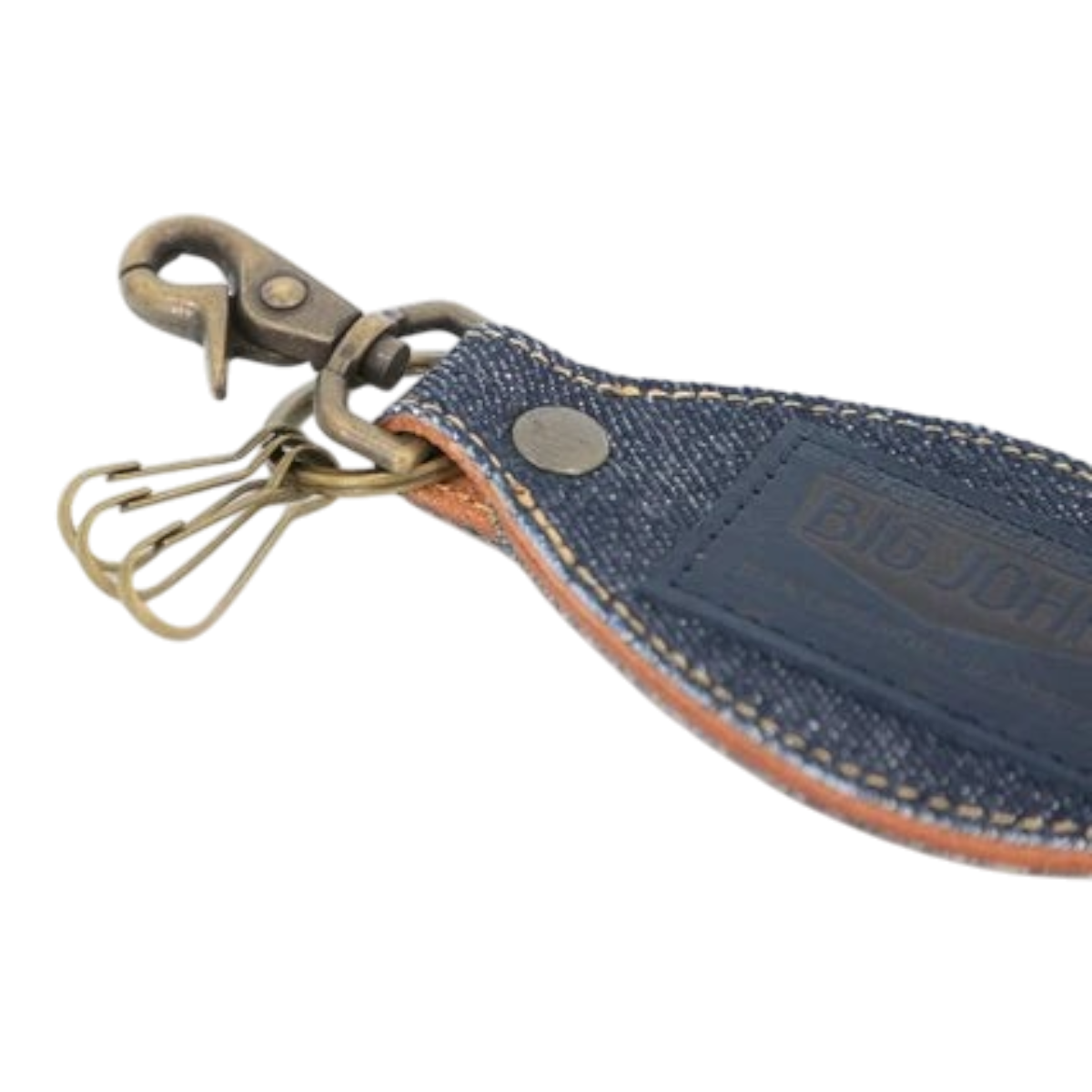 MILWORKS Big John leaf-shaped denim key ring with Italian indigo leather label and antique brass hardware hooks